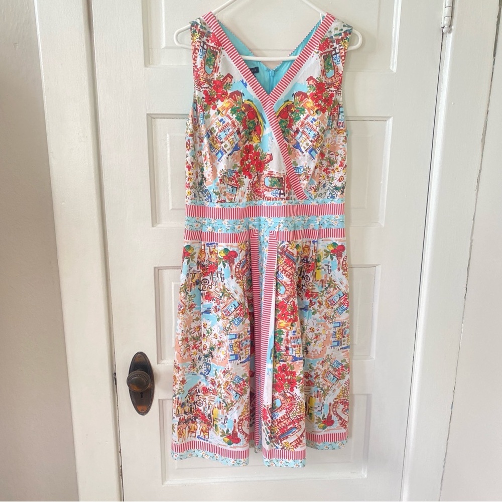 TALBOTS Sleeveless European Print Colorful V Neck Spring Dress Women's Size 10 - Picture 1 of 7